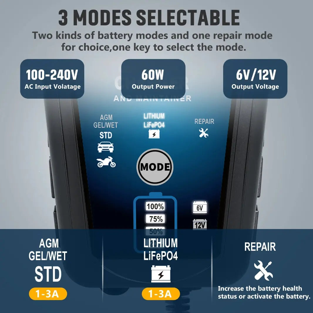 Chargeur de Batterie Intelligent 3 Modes
